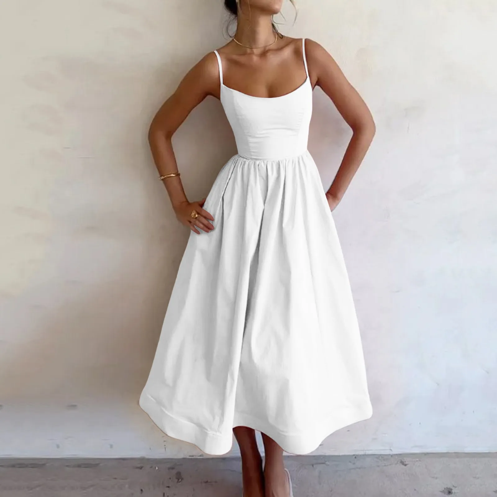 Women Sleeveless Sling Long Dress Summer Solid Color Backless A Line Bandage Pleated Swing Dress Elegant Suspender Strap Dresses