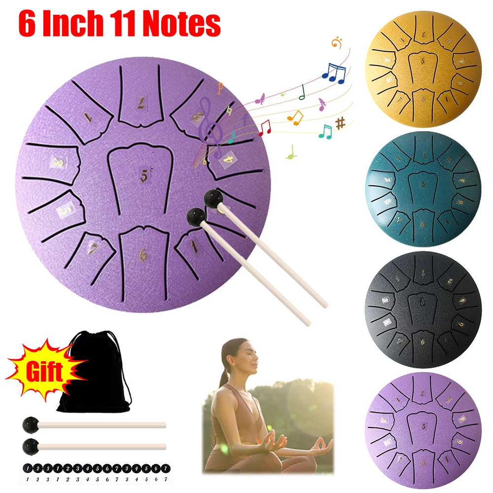 6 Inch 11 Notes Steel Tongue Drum with Drum Bag Music Book Drum Mallets Rain Chime for Entertainment Meditation Yoga Zen Gifts