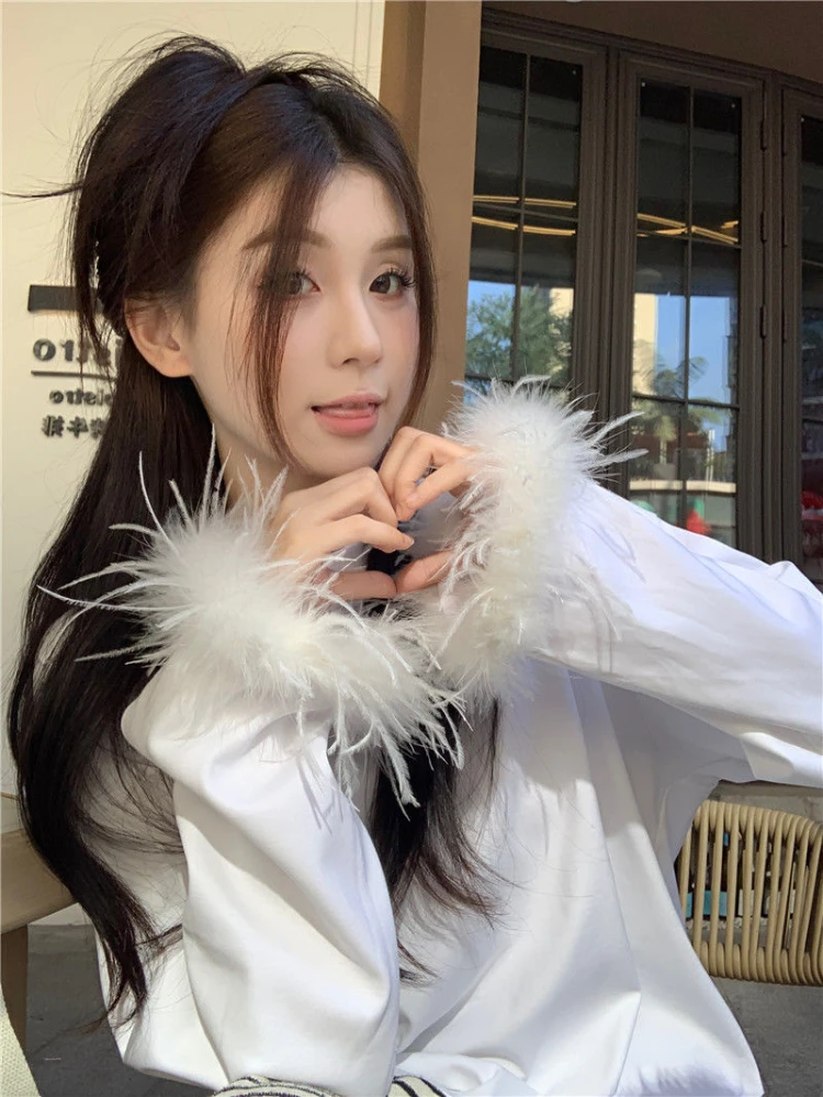 Women Harajuku Oversized White T-Shirts Streetwear Fluffy Patchwork Casual Tshirts Vintage Y2k Aesthetic Sweet Simple Grunge Top