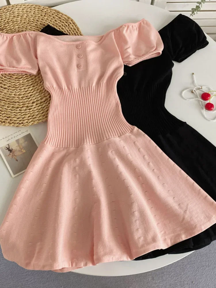 New Knitted Woman Dress Slash Neck Short Sleeve Tunic Fashion Robe Vestido Vintage  Summer Dresses 2024 Vestidos De Mujer