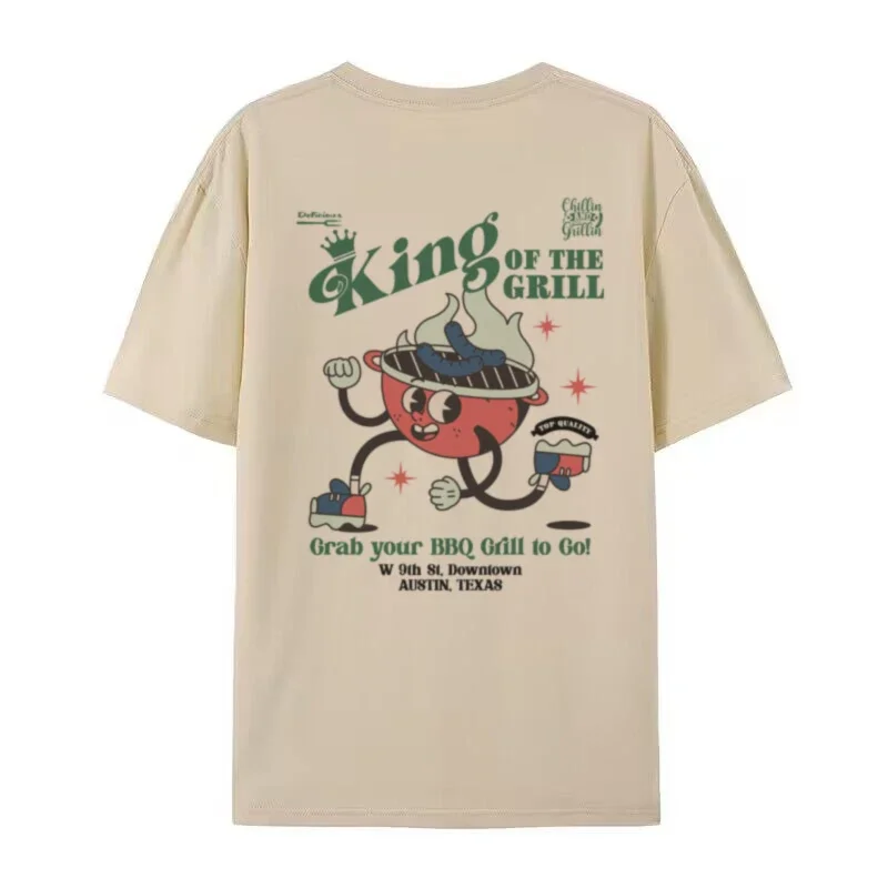 Retro Cartoon Grill Print Unisex T-shirt Hippie Funny BBQ Graphic Tees Cute Foodie Streetwear Tops Short Sleeve Men Clothing