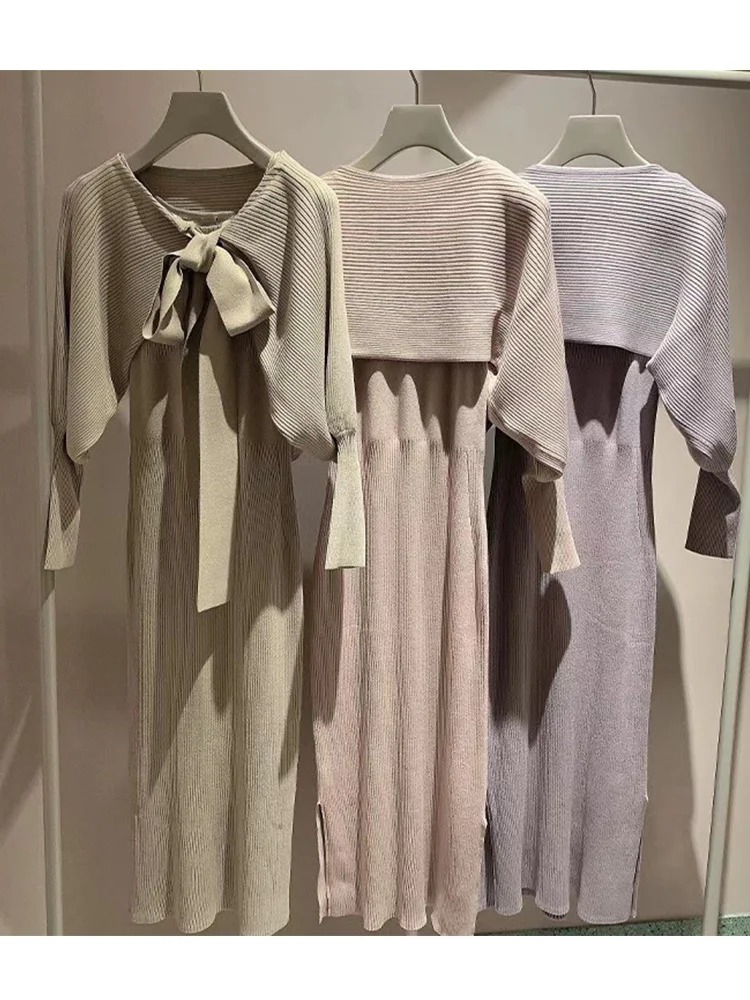 

Длинное вязаное платье для женщин на весну-осень с бантом, повседневное, модное, с V-образным вырезом, модель Guaoliu Guafei