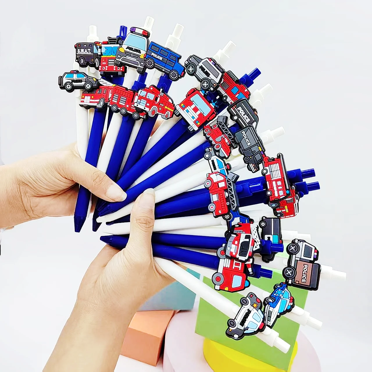 

15/25Pcs fire truck police car combination ballpoint pen, cyan white series press neutral pen, stationery office gift press pen