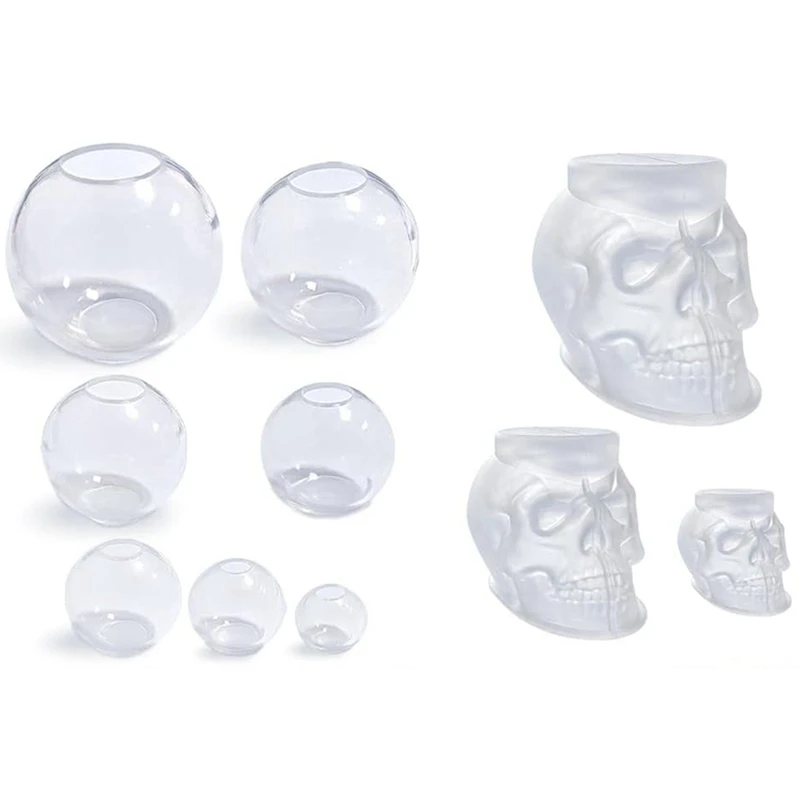 1 Set Large + Medium + Small 3D Skull Resin Mold + 1 Set 4/3/2.5/2/1.7/1.3/0.9Inch Clear Silicone Sphere Mold