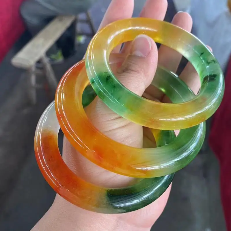 Certified Jade Bangles Tricolor Myanmar Jadeite Round Bracelet Women Healing Gemstone Fine Jewelry Genuine Burma Jade Bangles