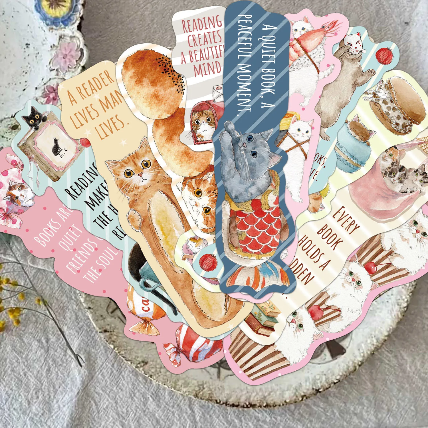 30Pcs/Set Cute Cat Bookmarks Watercolor Kawaii Dessert Reading Supplies Quotes Die-cut Paper Book Marks for Book Lover Gifts