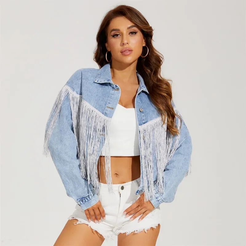 New Denim Jacket Women Female Fashion Fringe Lapel Fried Flowers Denim Coat Female Fashion Trend Temperament Versatile Jacket