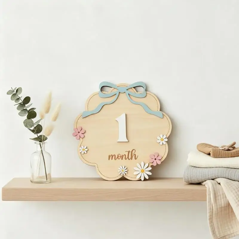Handmade Wooden Baby Monthly Milestone Markers Pink Bow Floral Style Newborn Photo Props for Memory Keeping