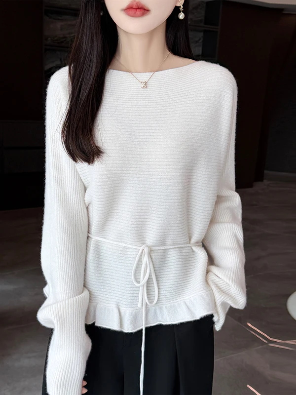 Autumn Winter Loose Knitted Woolen Base Shirt Batwing Sleeve One Shoulder Pure Color Sweater with Wood Grain  And Belt fo...