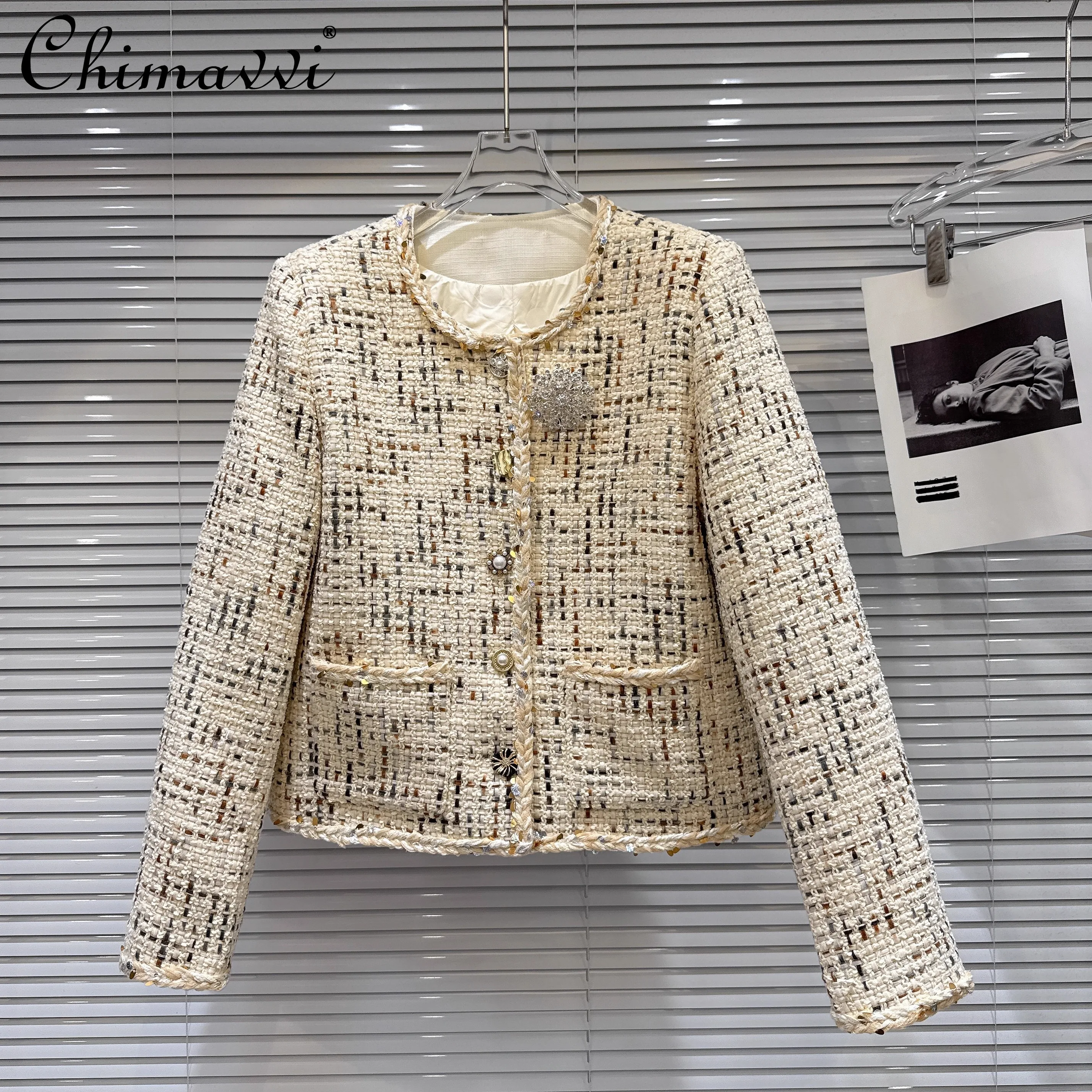 

Французская элегантная модная светская брошь с бриллиантами, однобортный твидовый пуховик с круглым вырезом и длинными рукавами, короткое пальто, женское зимнее пальто