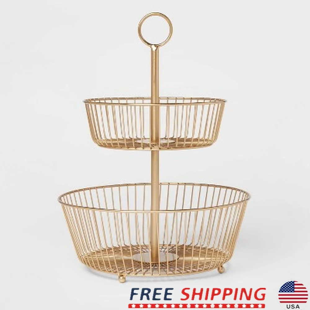 

Two-Tiered Metal Wire Fruit Basket Gold Tone Round Kitchen Holder 15.75 Inch Height Storage Organizer Easy Carrying