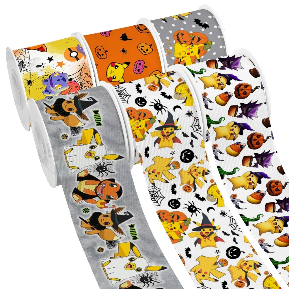 50 Yards Halloween Theme Japanese Cartoon Pokemon Pikachu Design Printed Grosgrain Satin Ribbon for Gift Wrapping Hair Bow