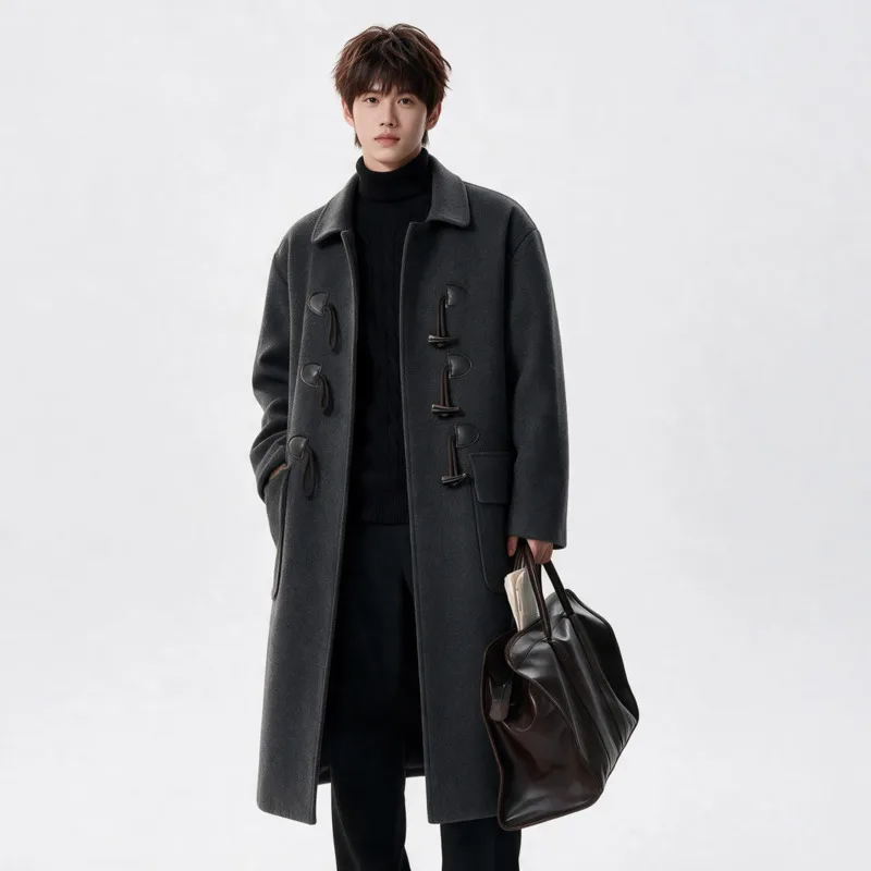HKSH Spring Autumn Winter New Men Tide Chic Ins Dark Punk Wool Trench Retro Light Luxury Windbreaker Mid-Length 3D Coats HK28951