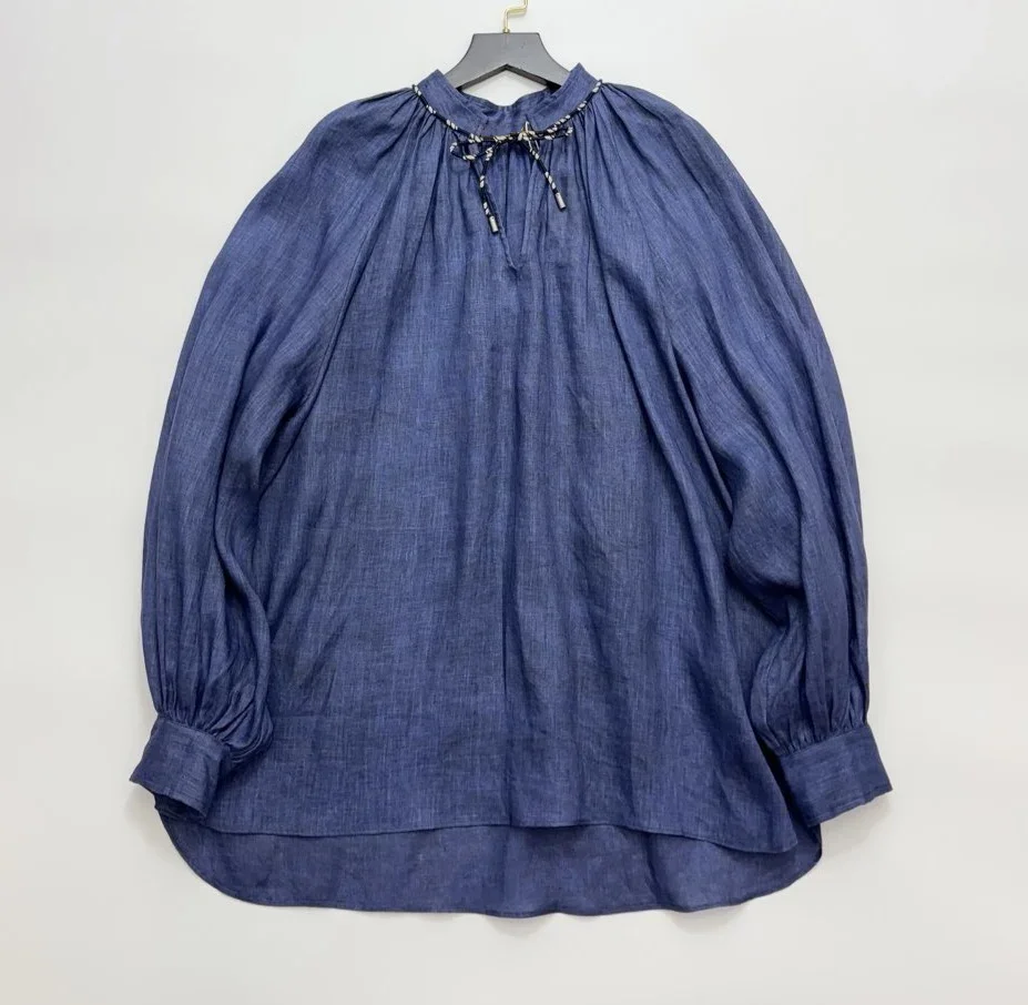 2025, neue blaue Ramie-Bluse für Damen, Schnürung, V-Ausschnitt, Laternenärmel, Vintage-Damenhemd