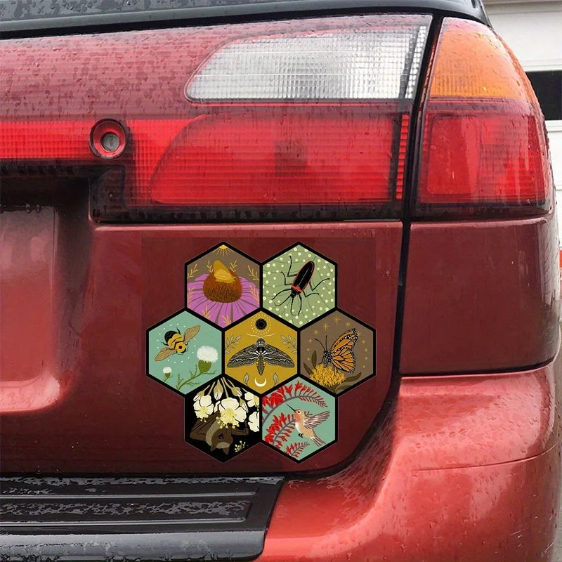 1pc Hexagonal Pollinator Insect Floral Waterproof Vinyl Sticker Bee Butterfly Hummingbird Car Truck Motorcycle Decal
