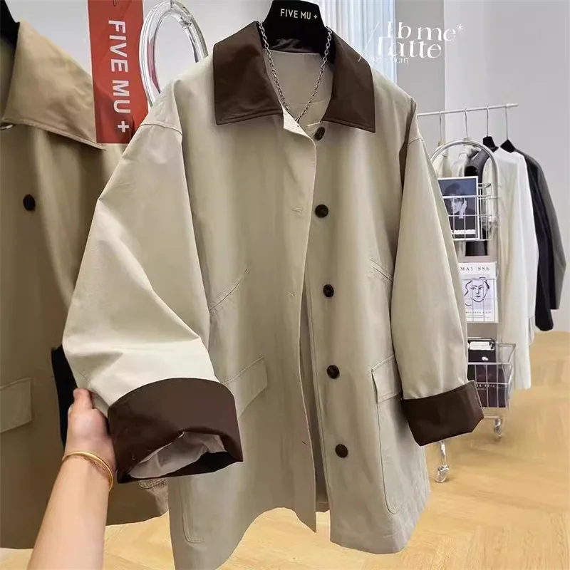 Autumn Trench Coat Women 2024 New Korean Chic Contrast Mid Long Single-breasted Coat Overcoat Windbreaker Female Outerwear