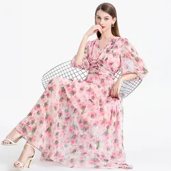 Elegant Silk Bodycon Dress for Women, V-Neck, Slim Folds, Waist Lantern Sleeve, Floral Printing, Mulberry Silk, Party Dresses