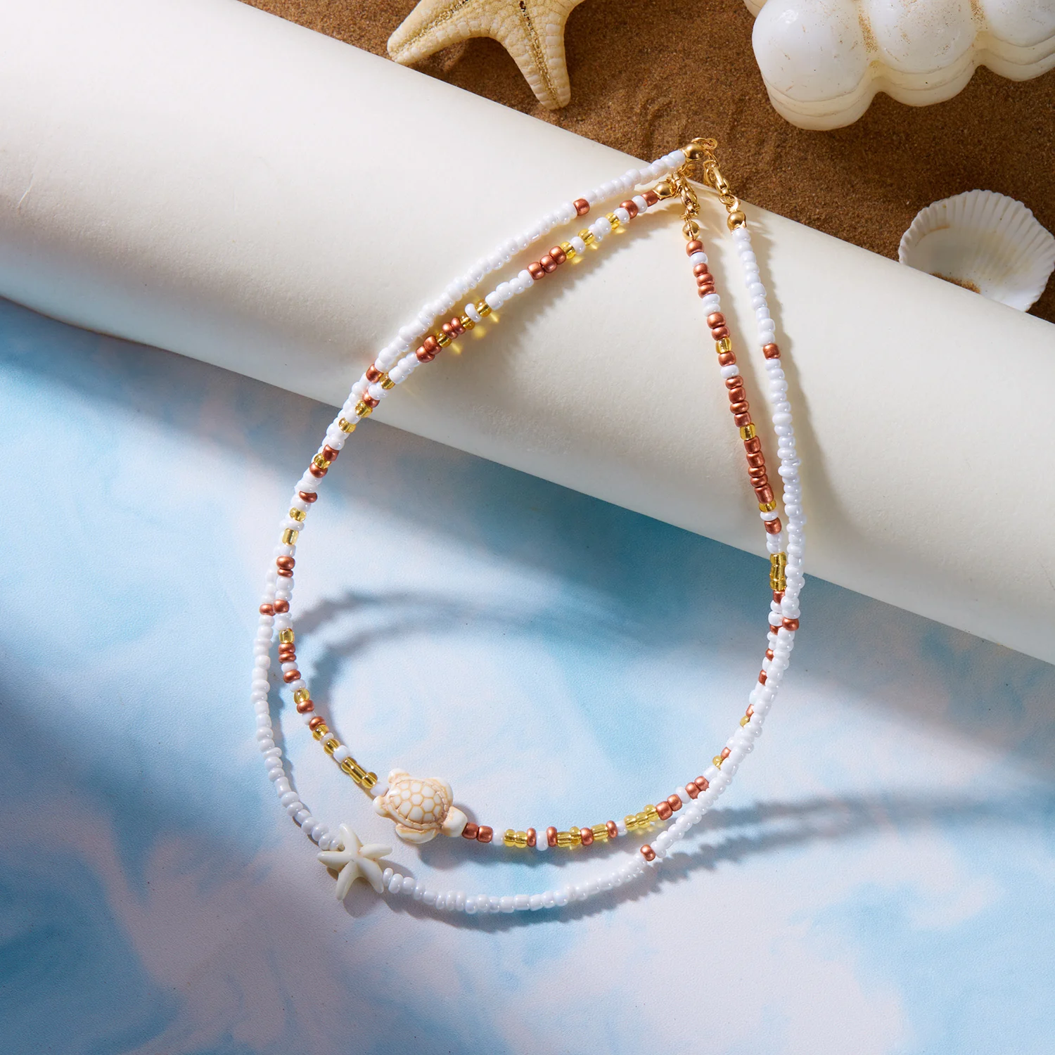 Bohemian Doppel Reis Perle Kette Schlüsselbein Halskette für Frauen Acryl Schildkröte Seestern Anhänger Halsband Sommer Strand Mode Schmuck – Detail 14