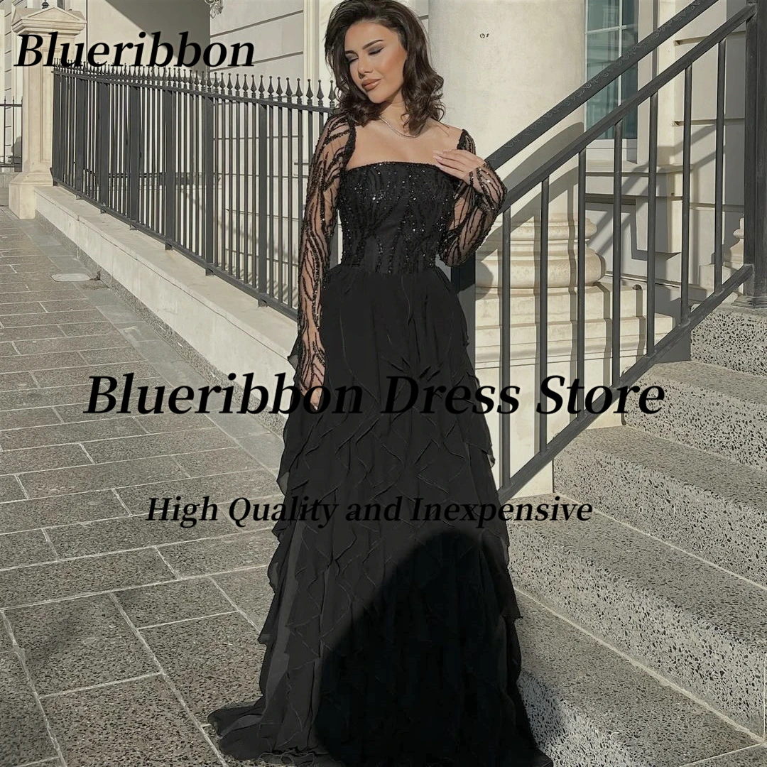 Blueribbon 2024 Black Prom Dresses Long Sleeves Luxury Evening Dress Ruffles Floor Length Birthday Party Vestidos De Fiesta