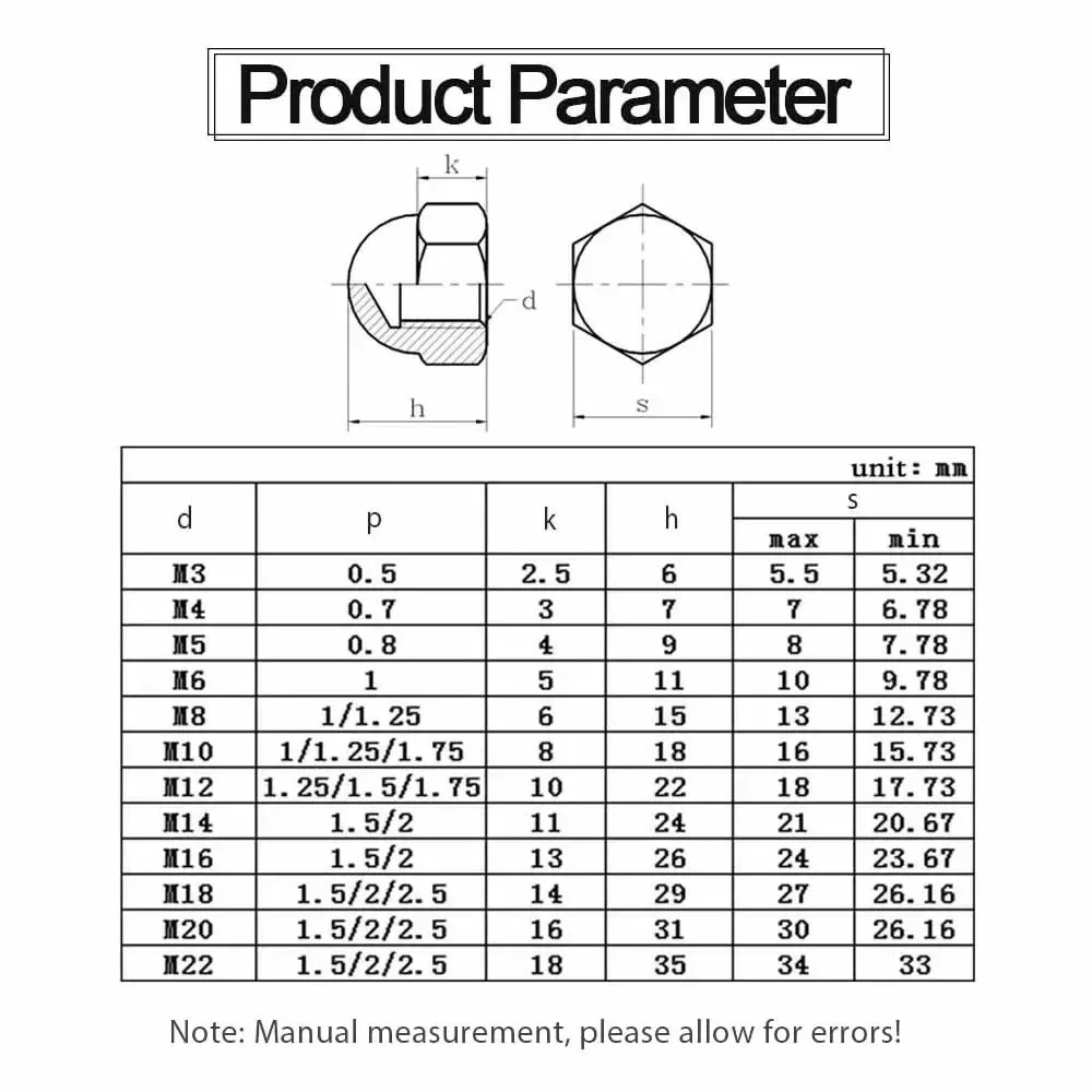 Acorn Nuts 304/316 Stainless Steel Hex Hexagon Decorative Cover Semicircle Dome Cap Acorn Nut M3 M4 M5 M6 M8 M10 M12 M14 M16~M24