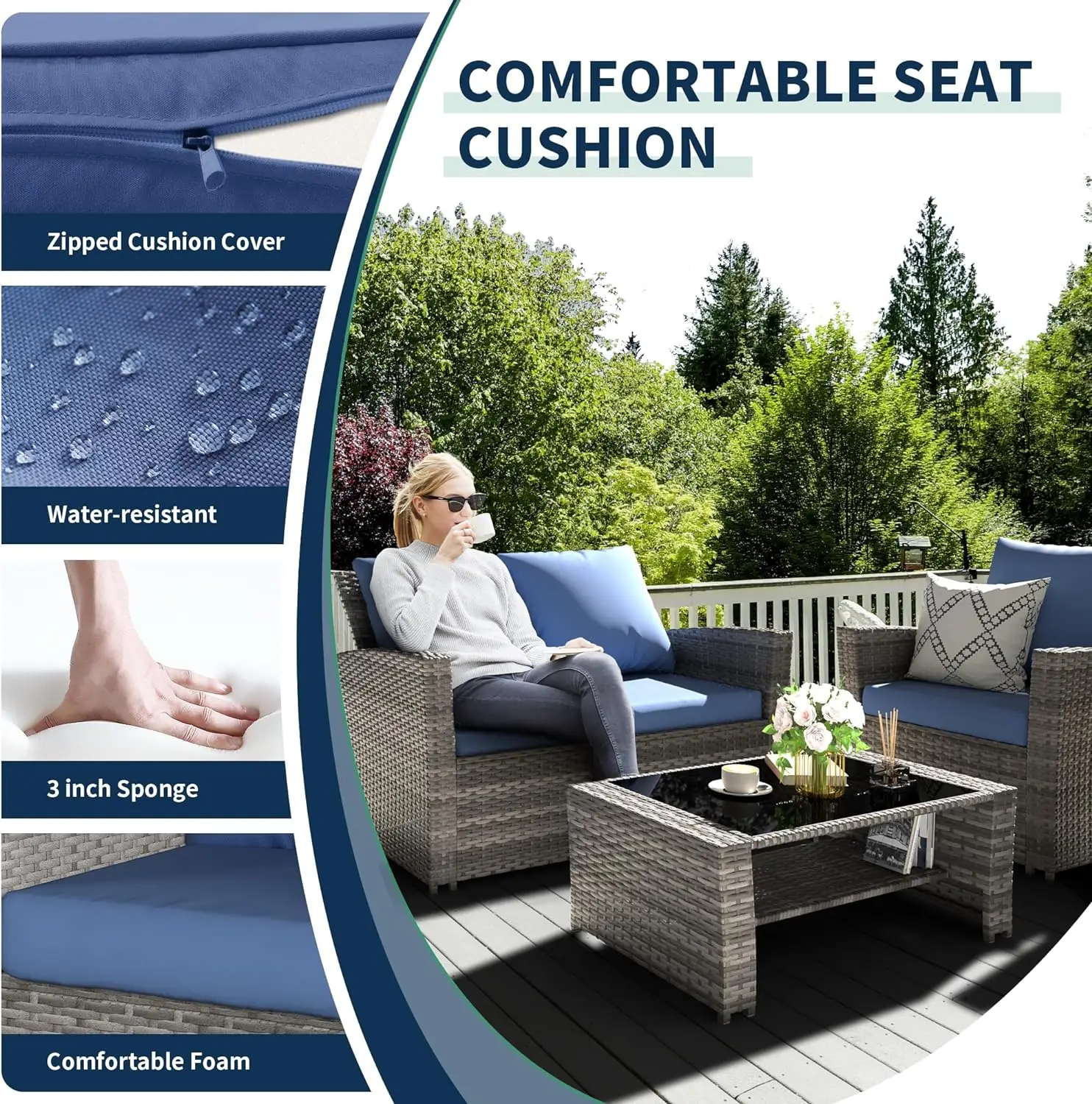 Wicker Patio Furniture Set, 4 Piece Outdoor Sectional Sofa Sets, Gray PE Rattan Patio Conversation Set for Balcony, Porch, Navy