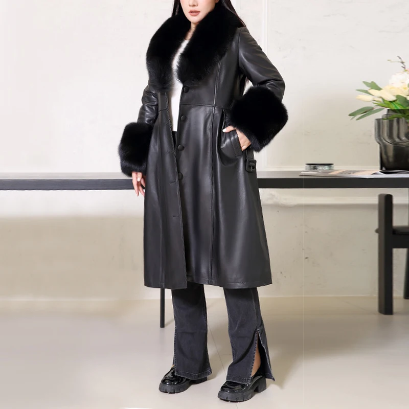 2025 herbst Winter Lange Echt Leder Trenchcoat für Frauen Mode Natürliche Fuchs Pelz Kragen & Manschette Dame Schlank Warme Schaffell mantel