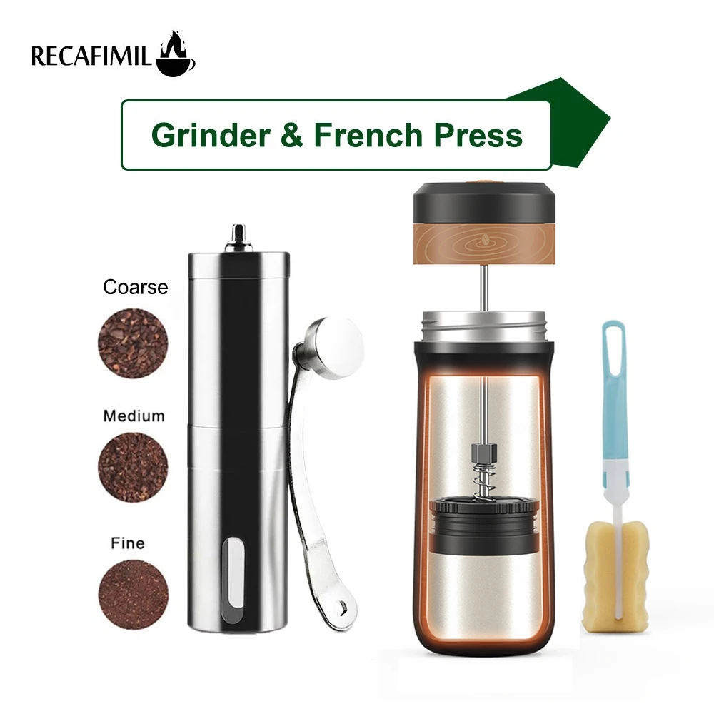 350ML French Press Portable Press Coffee Maker with Coffee Plunger Filter Tarvel Mug Pot Stainless Steel Manual Coffee Grinder