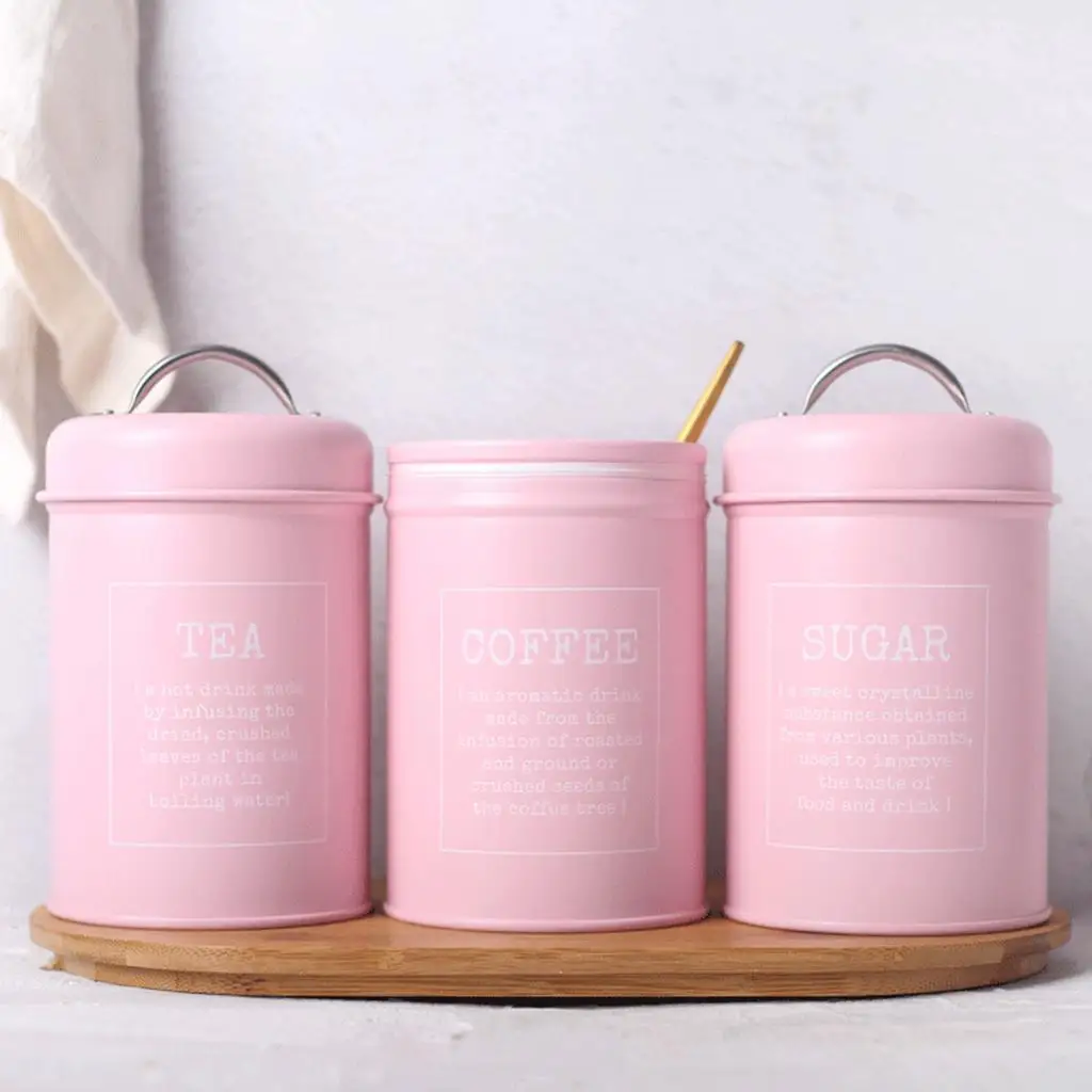 

3 Pcs Iron Canisters Tins Kitchen Coffee Tea Sugar Storage Container - Pink