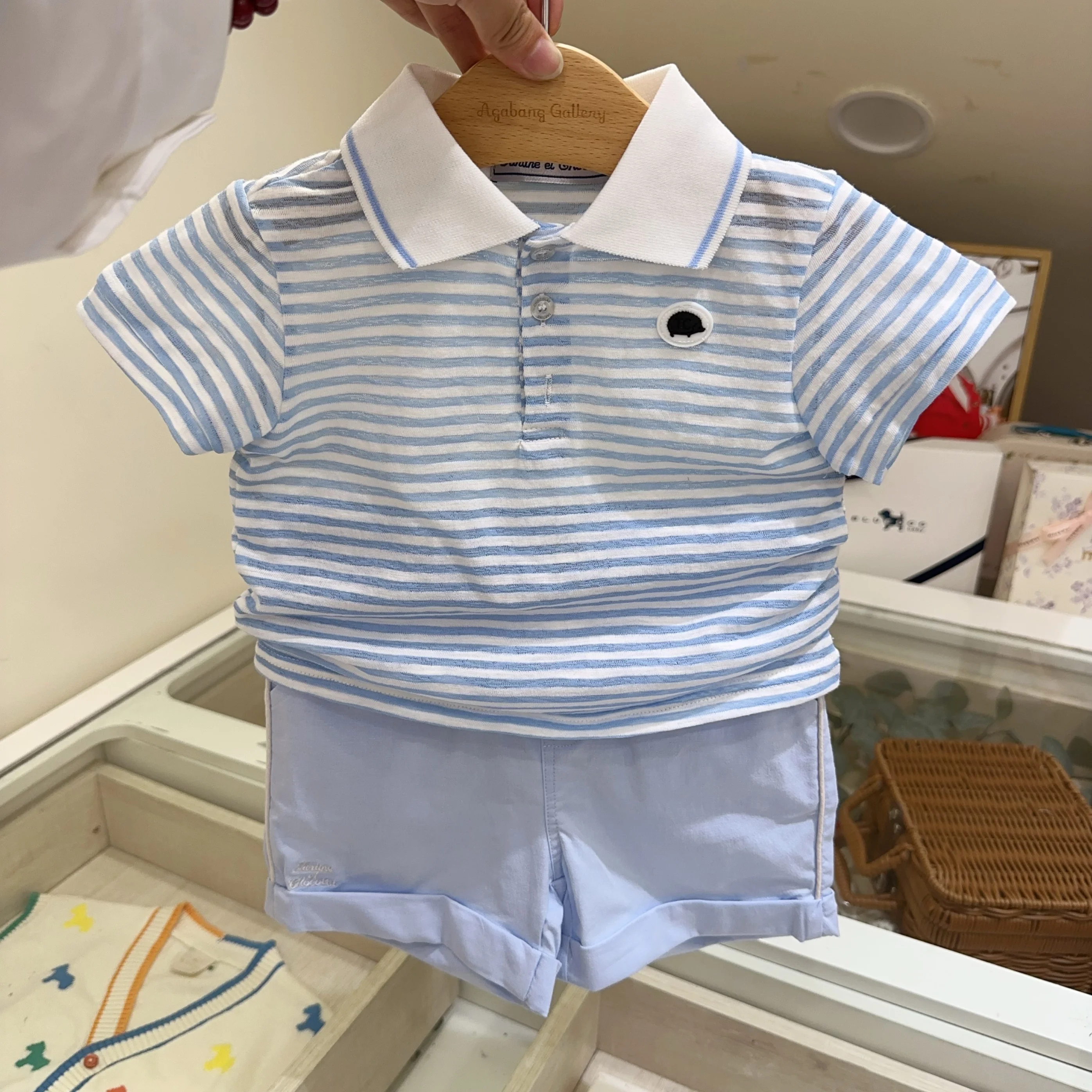 

Summer New Fashionable Children's Short Sleeve T-Shirt And Shorts Set Striped Collared Casual Wear for Babies And Kids