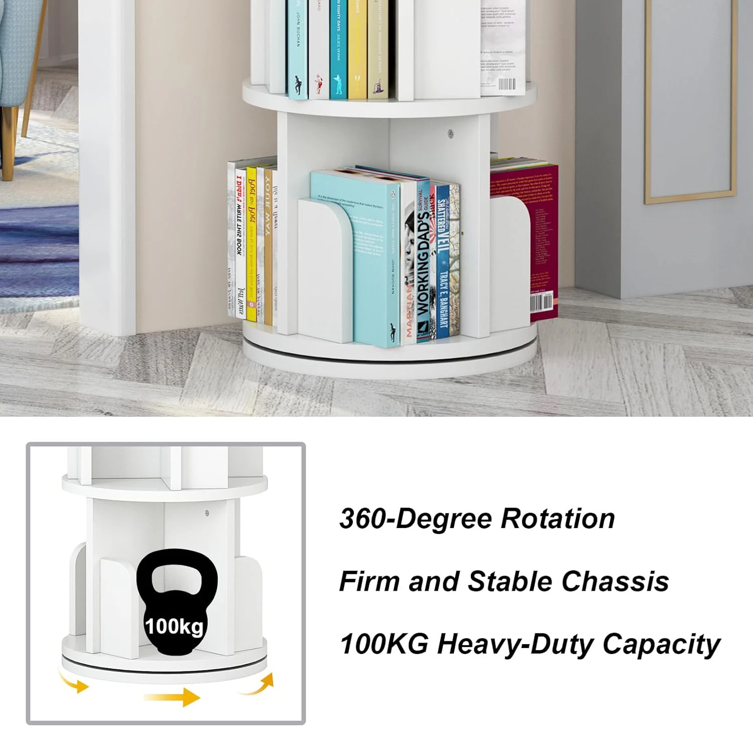 رف كتب دوار من الخشب 360 عرض 4 طبقات رف كتب زاوية منظم خزانة كتب للتخزين على الأرض لغرفة النوم وغرفة المعيشة #5