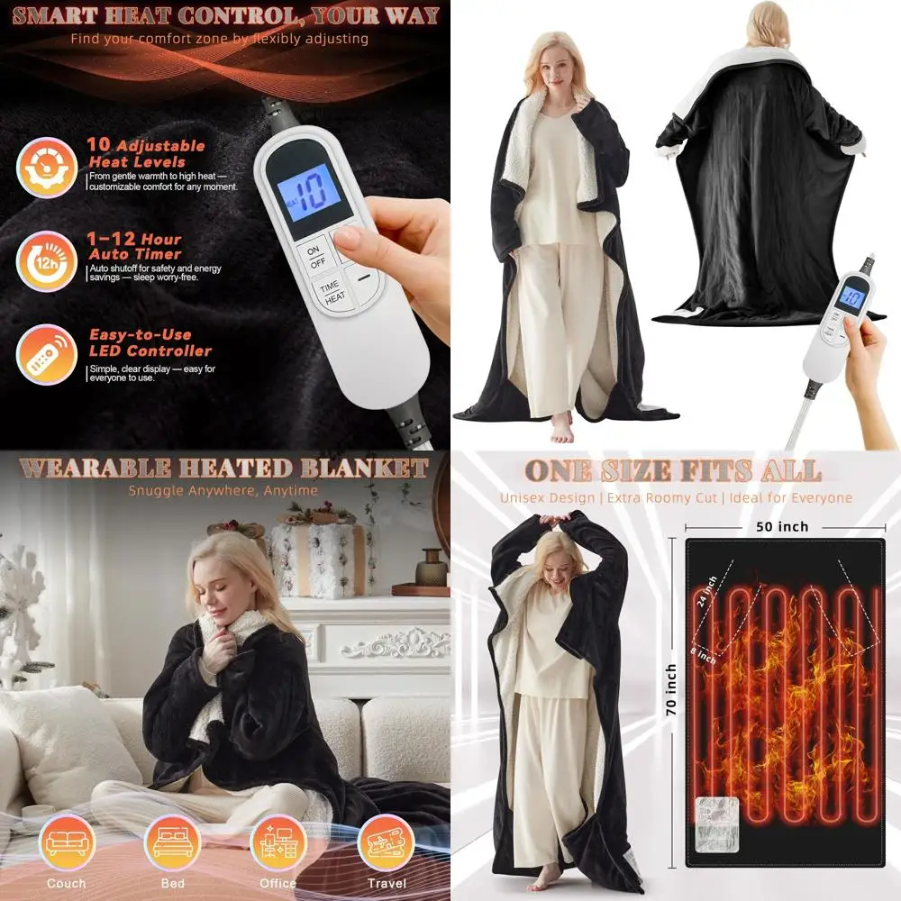 

Носимое электрическое одеяло с карманами для ног и рукавами, 10 настроек нагрева, автоматическое отключение, 50x70 черный