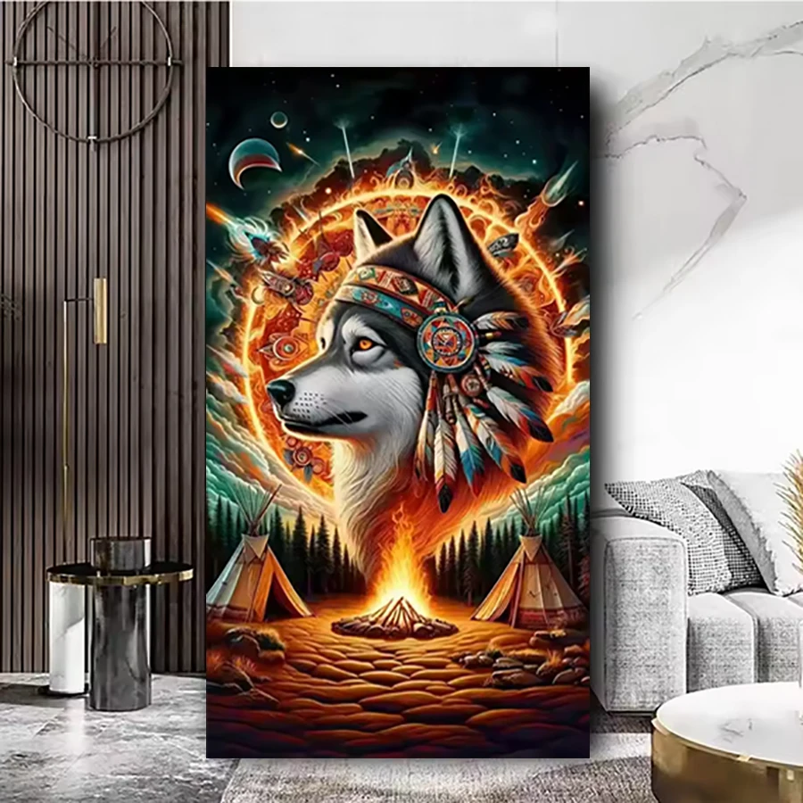 5D Vibrant Tribal Wolf Feather Diamond Art Kits For Beginners, 5D DIY Full Square Round Drill Diamond Painting Kits