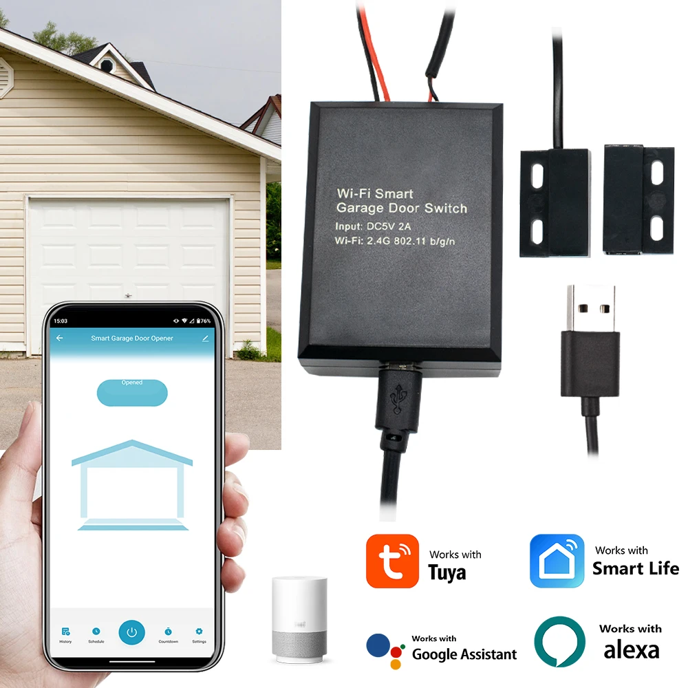 WiFi Smart Garage Door Opener DC5V Mobile Phone Remote Tuya Smart Life App Controller Support Alexa Google Assistant No need Hub