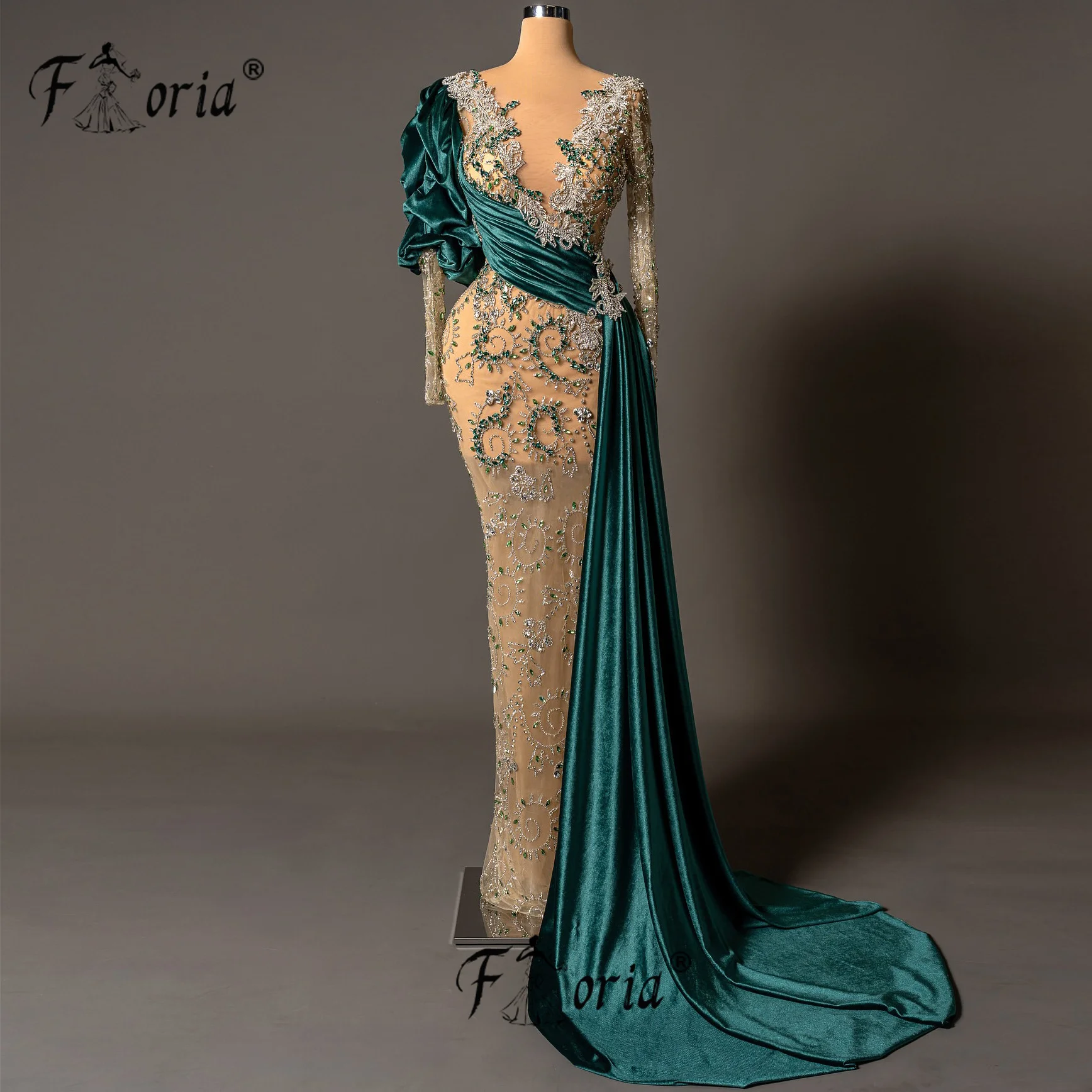 

Elegant Green Prom Dress Beads Crystal Long Sleeve Formal Occasion Gown Fully Handmade Customized robes longues soirées élégante