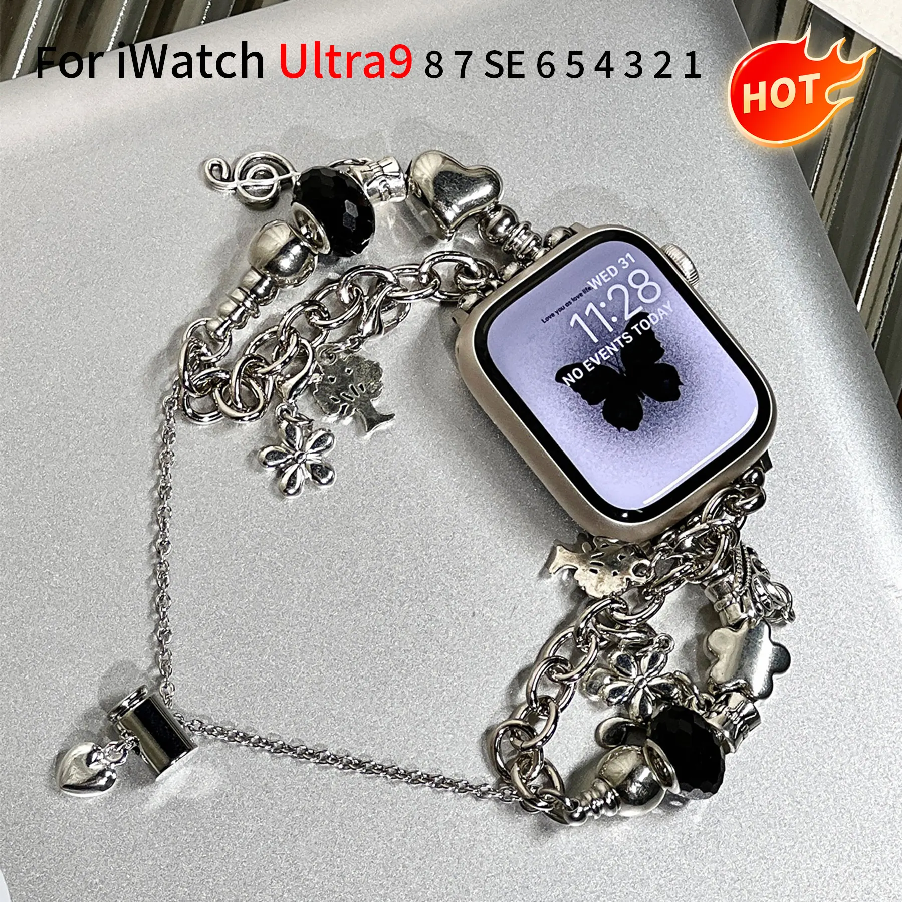 

Colorful Purple Bead bracelet for Apple Watch Ultra 987 49-38 mm musical Black bead lock core strap iwatch 65432 SE metal strap