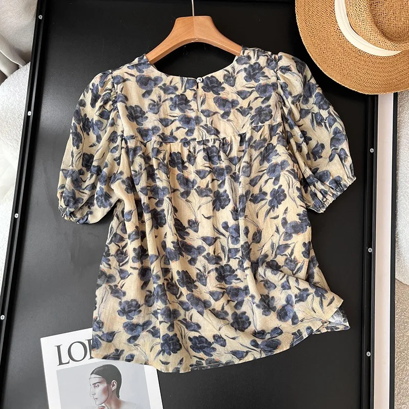 Blue Floral Doll Shirt Women's Fashion Korean Style Summer Retro Colorful Bubble Sleeve Print Loose Fit Short Sleeve Shirt