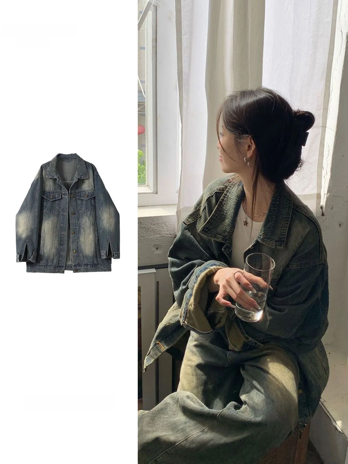 Large Size American Retro Scratch Denim Jacket Women's Autumn New Design Casual Loose Style Top Breathable Lightweight Long S...