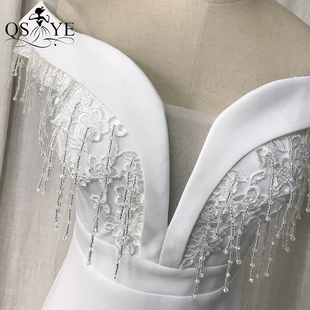 Abiti da sposa bianchi in pizzo con perline spalle scoperte maniche laterali a sirena Appliques abito da sposa con nappe elegante abito da sposa Chic