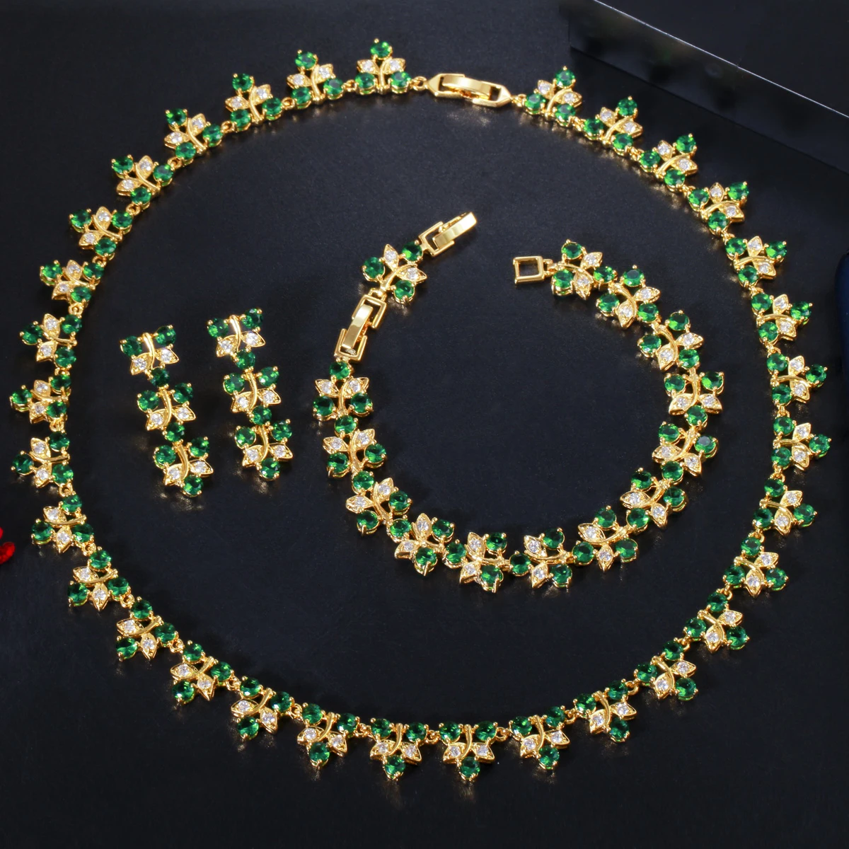 ThreeGraces 3pcs Fashion Green Cubic Zirconia Gold Color Leaf Shape Earrings Necklace Bracelet Party Jewelry Set for Women TZ557