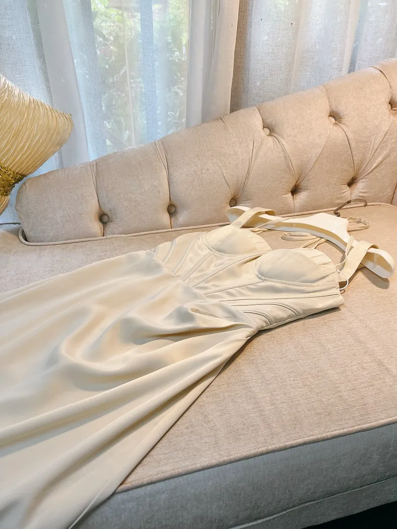 ชุดเดรสเอวสูงทรงเอ สีพื้น ผ้าซาติน สำหรับผู้หญิง ดีไซน์แฟชั่น ฤดูใบไม้ผลิ ฤดูร้อน