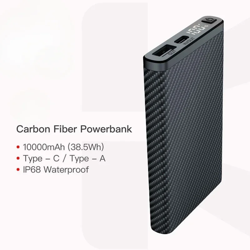 10000mAh 22.5W Fast Charging Type-C/Type-A Carbon Fiber Lightweight Waterproof Powerbank IP68 Waterproof