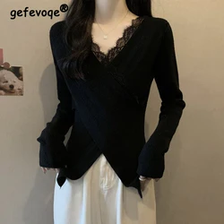 Women Clothing Korean Fashion Sexy V Neck Lace Patchwork Basic T-shirt Elegant Black V Neck Long Sleeve Slim Fit Irregular Tops