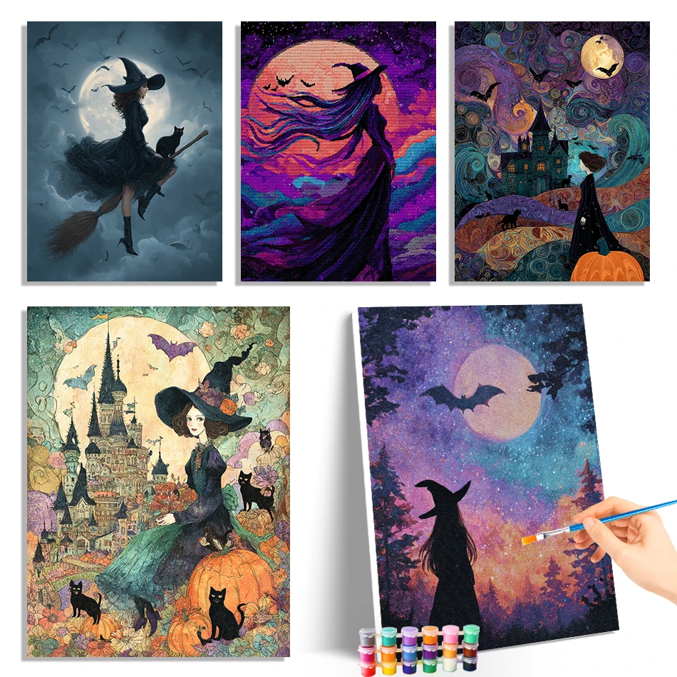 

GATYZTORY Painting By Numbers Draw Oil Acrylic Paints Halloween Witch Color Markers Coloring For Adults Picture Drawing Handmade