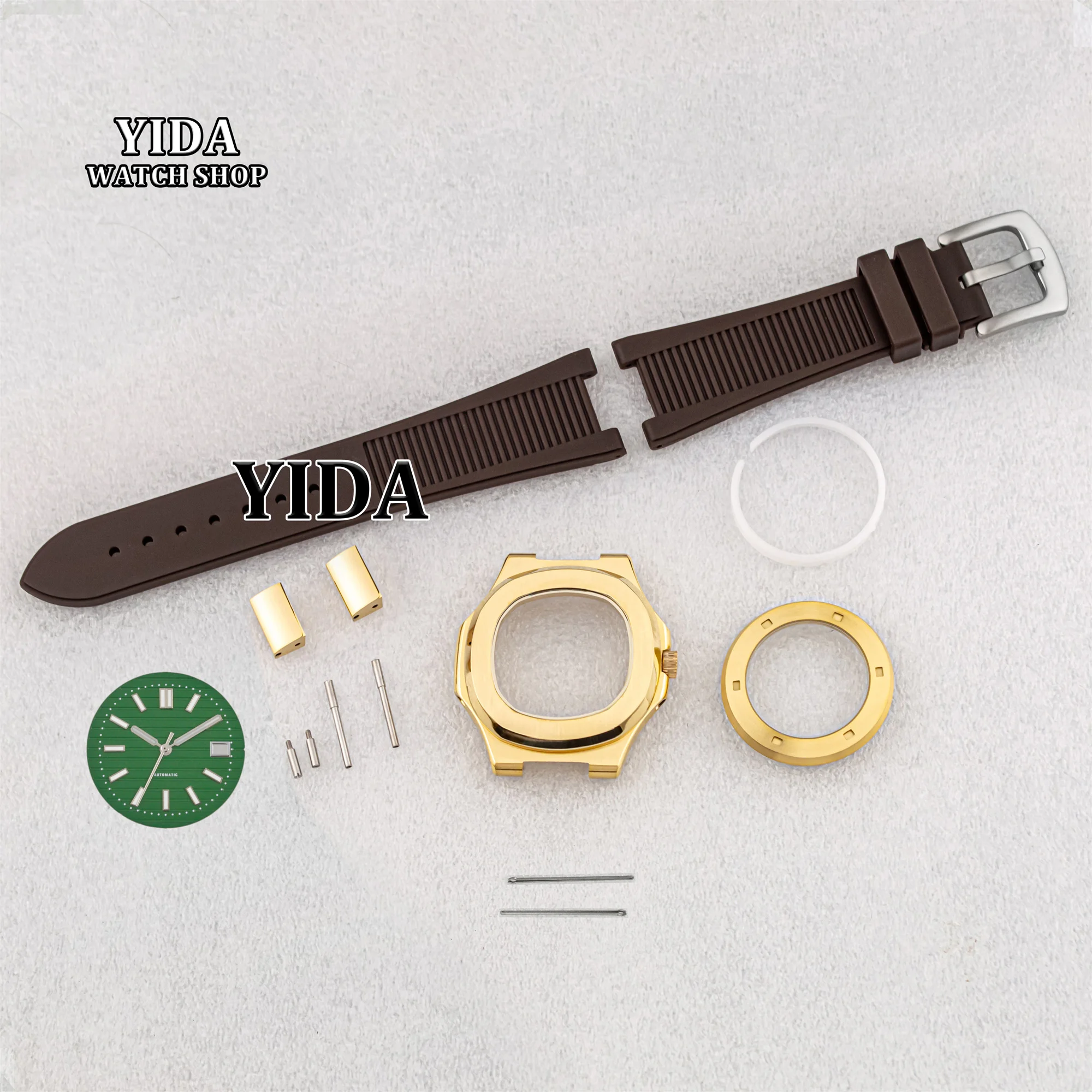 

41mm NH35 Case Rubber Strap Stainless Steel PVD Gold Watch Case Luminous Dial Hands 10ATM Waterproof Fit Nautilus NH35 Movement