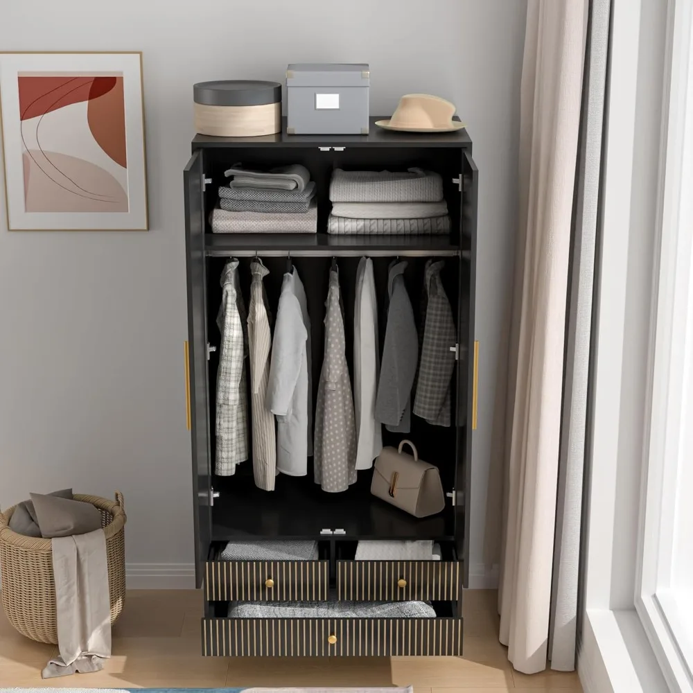 

Отдельно стоящий шкаф в стиле фермерского дома с выдвижными ящиками, подвесным стержнем и 2 рифлеными дверцами, 64,96 дюйма