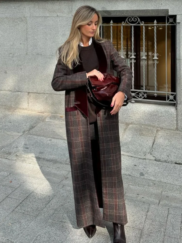 Mode Extra Lange Hoodied Verdicken Plaid Mäntel Frauen Elegante Taschen Slim Fit Volle Hülse Jacken 2024 Dame Hohe Streetwear