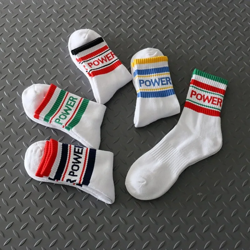 POWER Letter Fashion Towel with Thickened Bottom Basketball Sports Socks Cotton Middle Top College Style Street Hip-hop Stripes