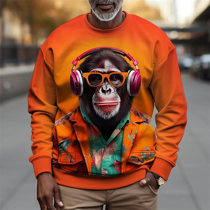 3D Printed Orangutan Graffiti Sweatshirt For Men Funny Pattern Pullover Casual Loose Round Neck Long Sleeve Tops Unisex Hoodies