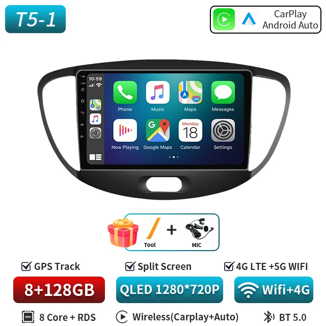 Android 16 CarPlay Auto 5G WIFI Autoradio Voor Hyundai i10 2007 2008 2009 2010 2011 2012 2013 GPS multimedia Spelerereo BT DVD