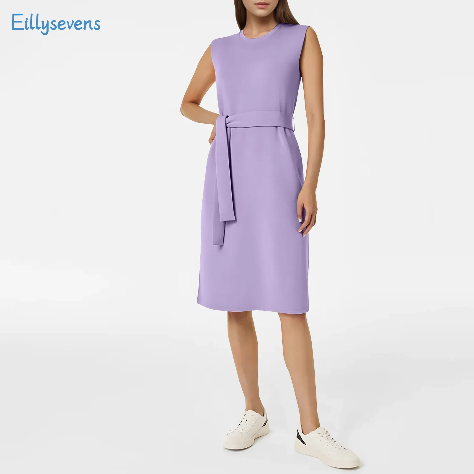 Robe droite classique avec ceinture pour femme, taille haute, col rond, fibre précieuse, poches, élégante, nouveau, Commute, 03